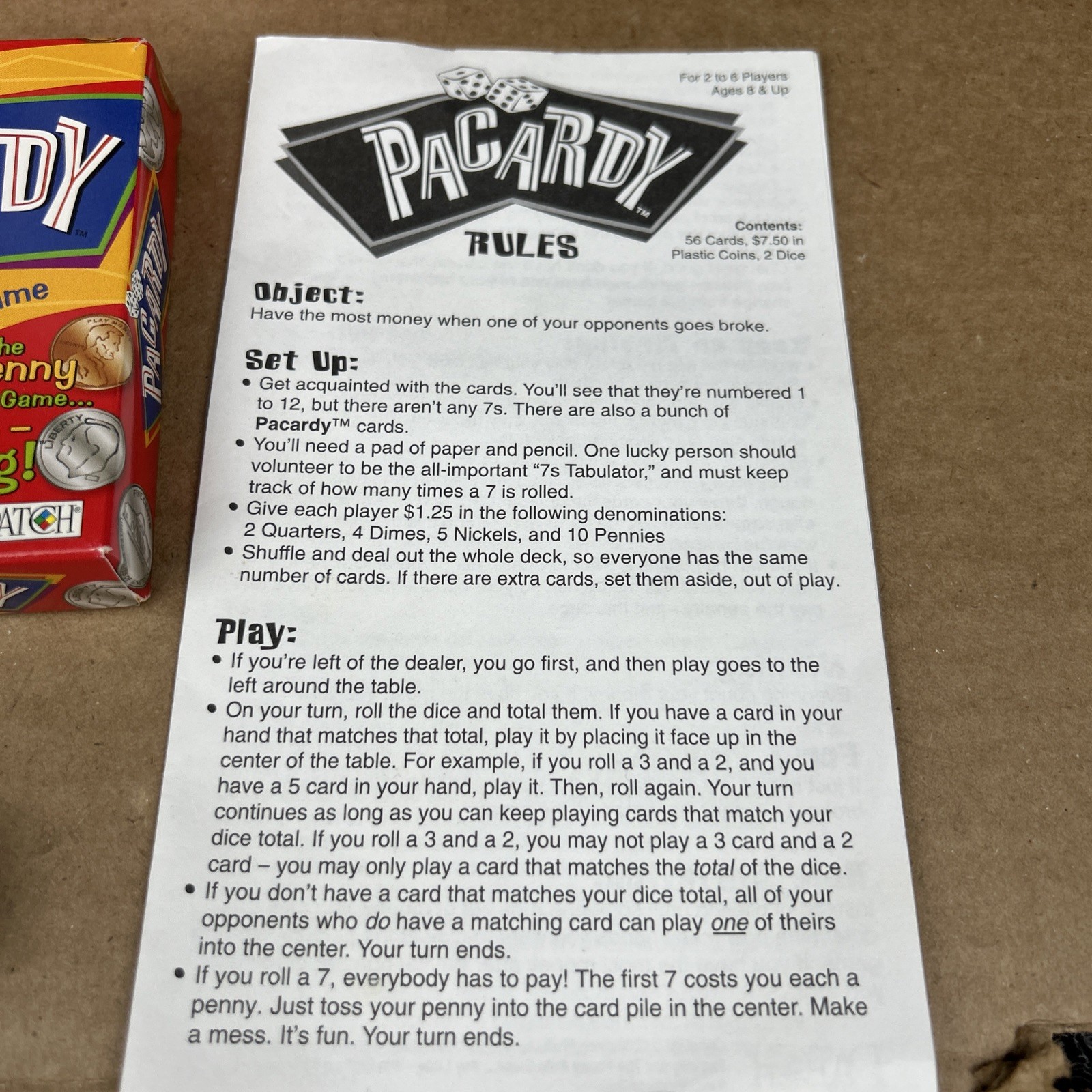 Pacardy Cards And Dice Game 2-6 Players Ages 8+ Patch Products 2005 Complete