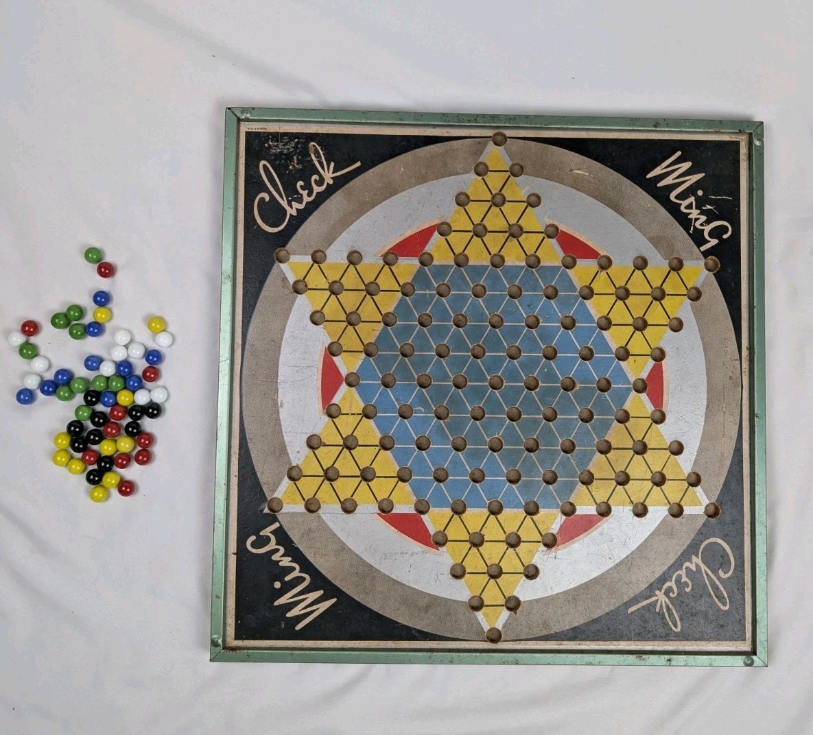 Vintage Chinese Checkers MING CHECK Board Game Reverses To Checkers Metal Frame