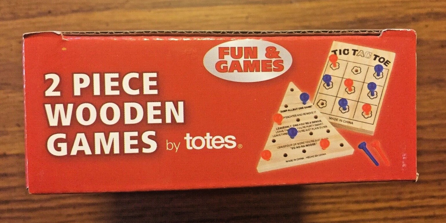 2 Piece Wooden Games By Totes Tic-Tac-Toe & Solitaire Mini Travel Peg Boards New