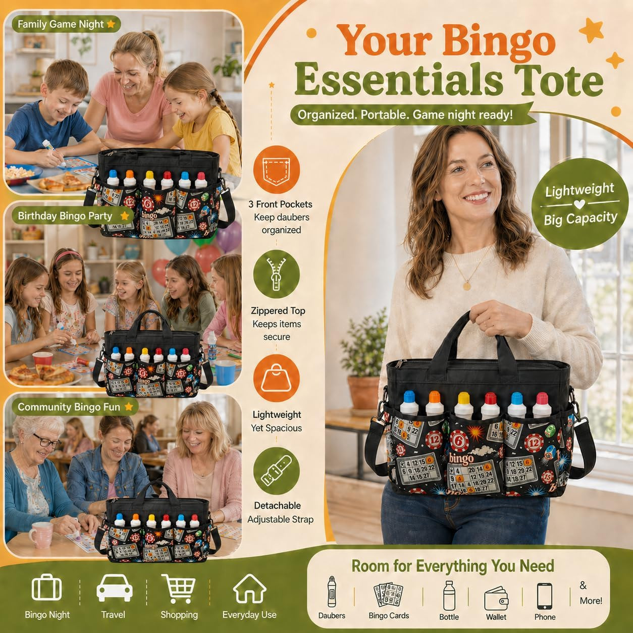 Bingo Bag with Pockets for Daubers, Lightweight Bingo Dauber Bag for Game Night,