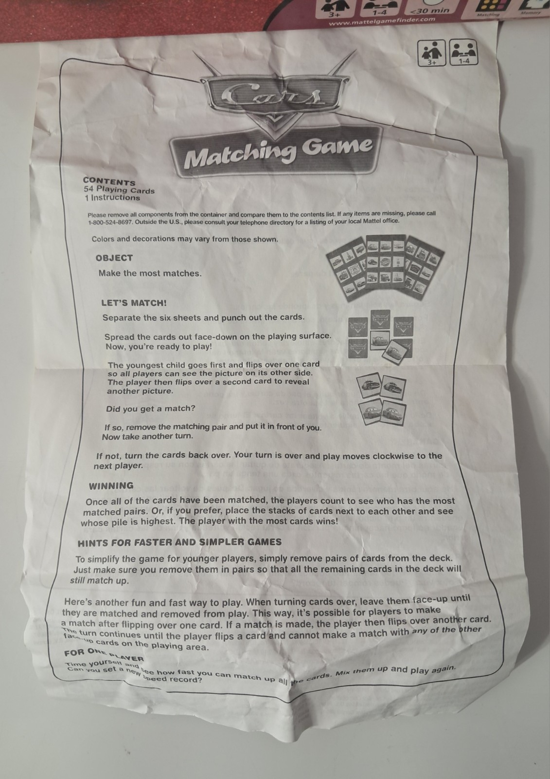 Cars Matching Game M3910 Age 3+ 1-4 Players Mattel Disney Pixar 2007 *Read*