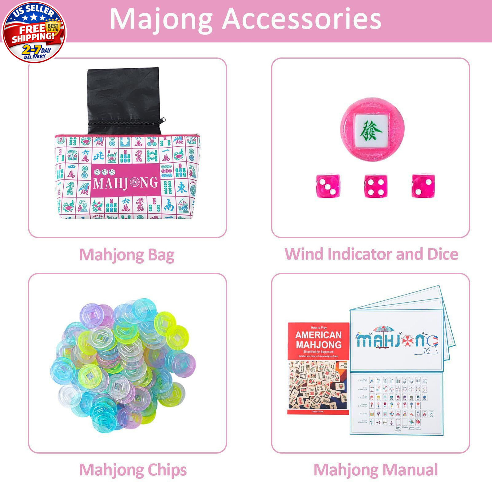 160 Pink American Printed Mahjong Game Set with Carrying Bag And Accessories 1.2