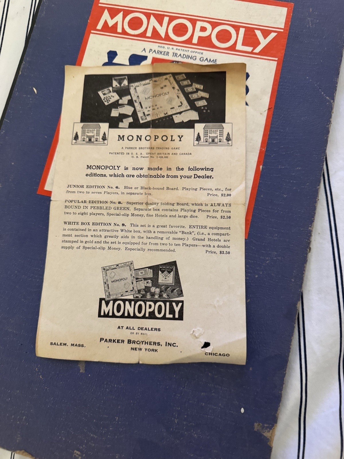1935 Monopoly Set – Parker Bros. Blue Box, Single Patent No. 2,026,082 – Rare