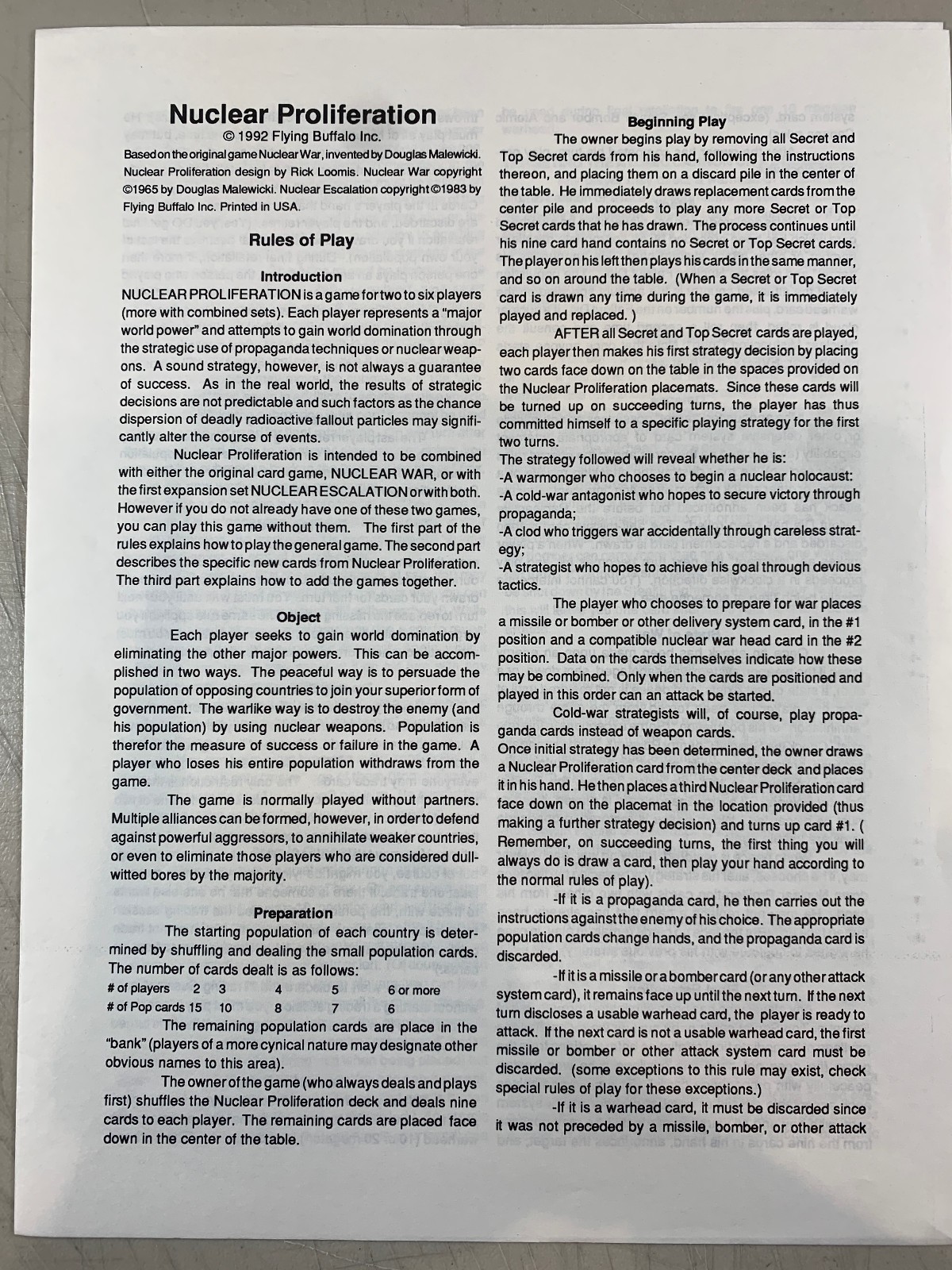 READ! 1992 Flying Buffalo #6004 Nuclear Proliferation + War & Escalation? Game