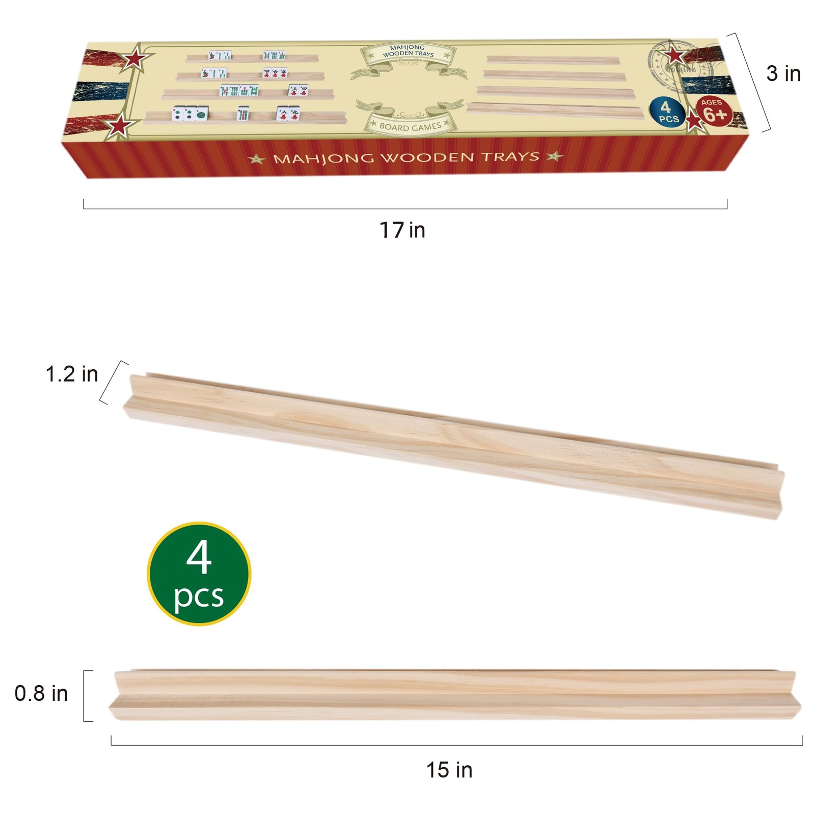 GOTHINK Wooden Mahjong Tiles 15x3x1.4 Inches, Trays