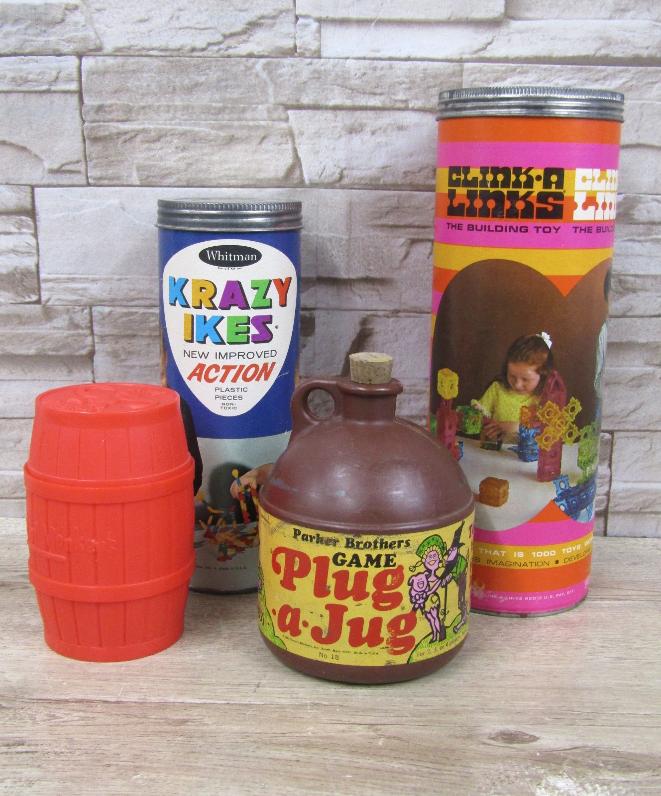 Vtg Lot 4 Games Toys Building Sets Krazy Ikes Plug A Jug Monkeys Clink A Links