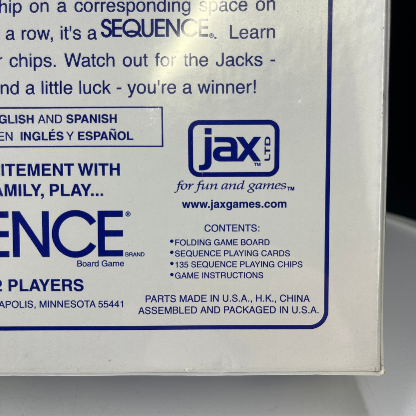 1995 Jax SEQUENCE Board Game NEW SEALED 2 to12 Players ages 7 + #8002