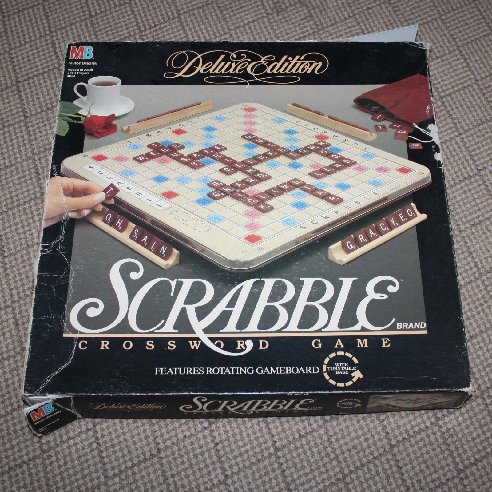 Scrabble Deluxe Edition Crossword Game with Turntable Base Red Tiles 1989