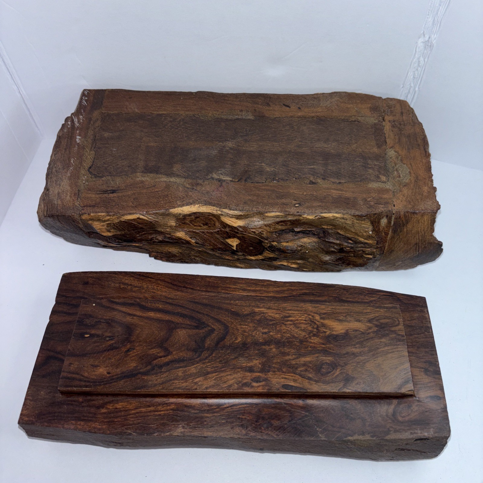 Vintage Hand Carved Wooden Domino Set Rustic Log Box Complete Game Set
