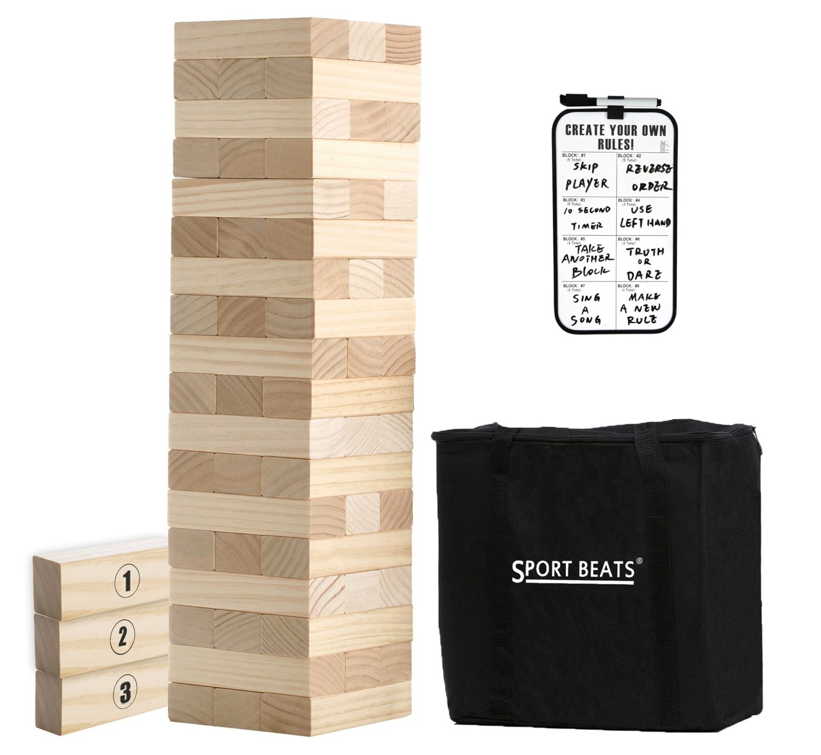 Large Wooden Tower Stacking Game – 54 Pine Blocks, 4FT, Carry Bag & Rules – Outd