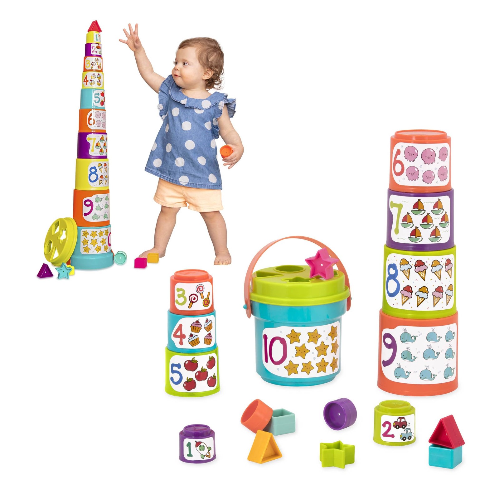 Nesting Sorter Set 19 Pieces Stacking Buckets Shapes Educational Battat Cups
