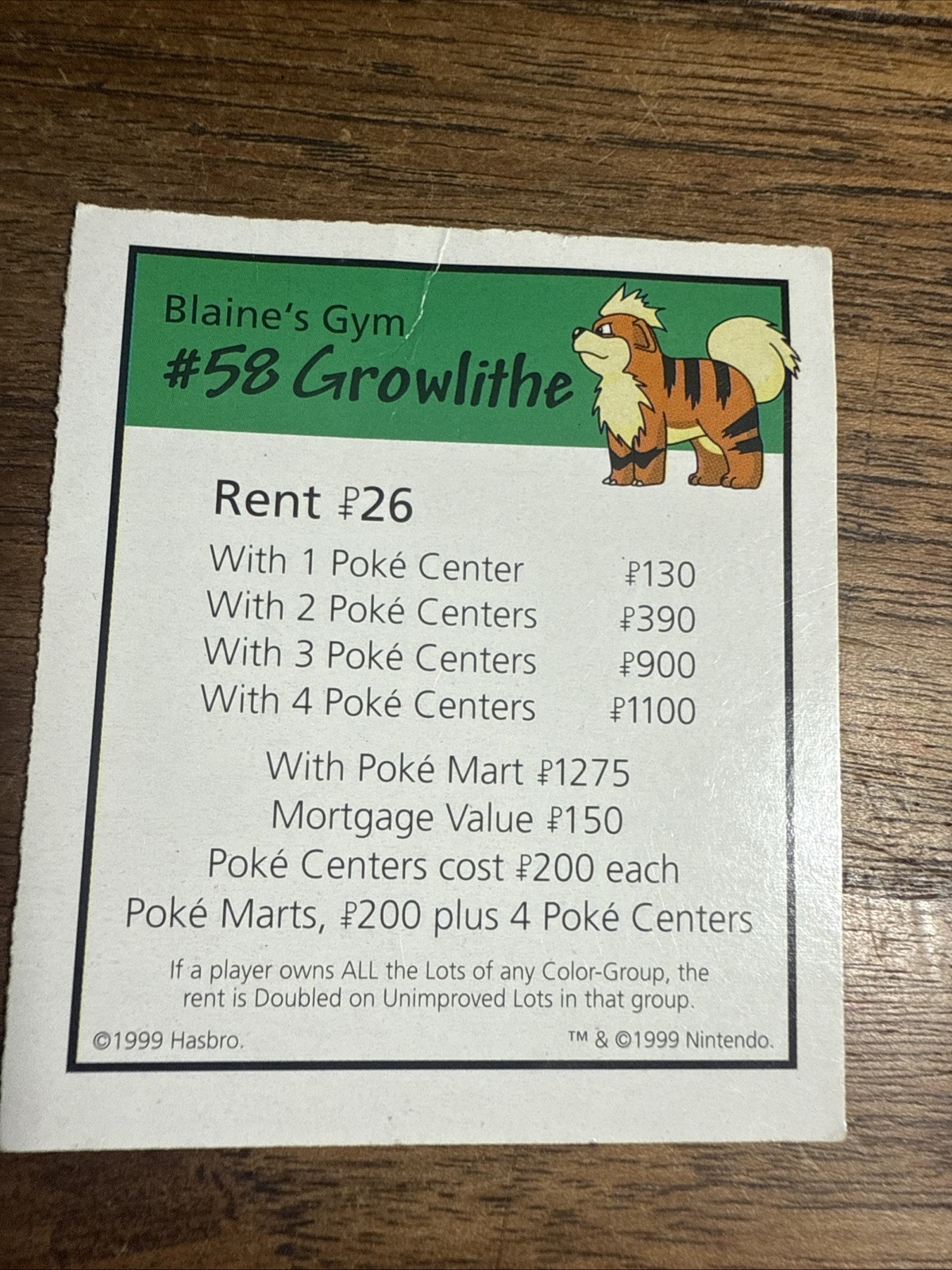 1999 Monopoly Pokémon #58 Growlithe Title Deed Card Game Piece Part Pokemon