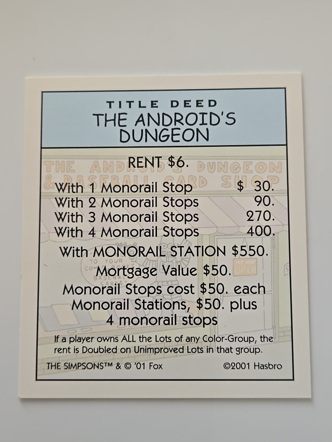 2001 Monopoly The Simpsons Android Dungeon Light Blue Title Deed Card Game Part