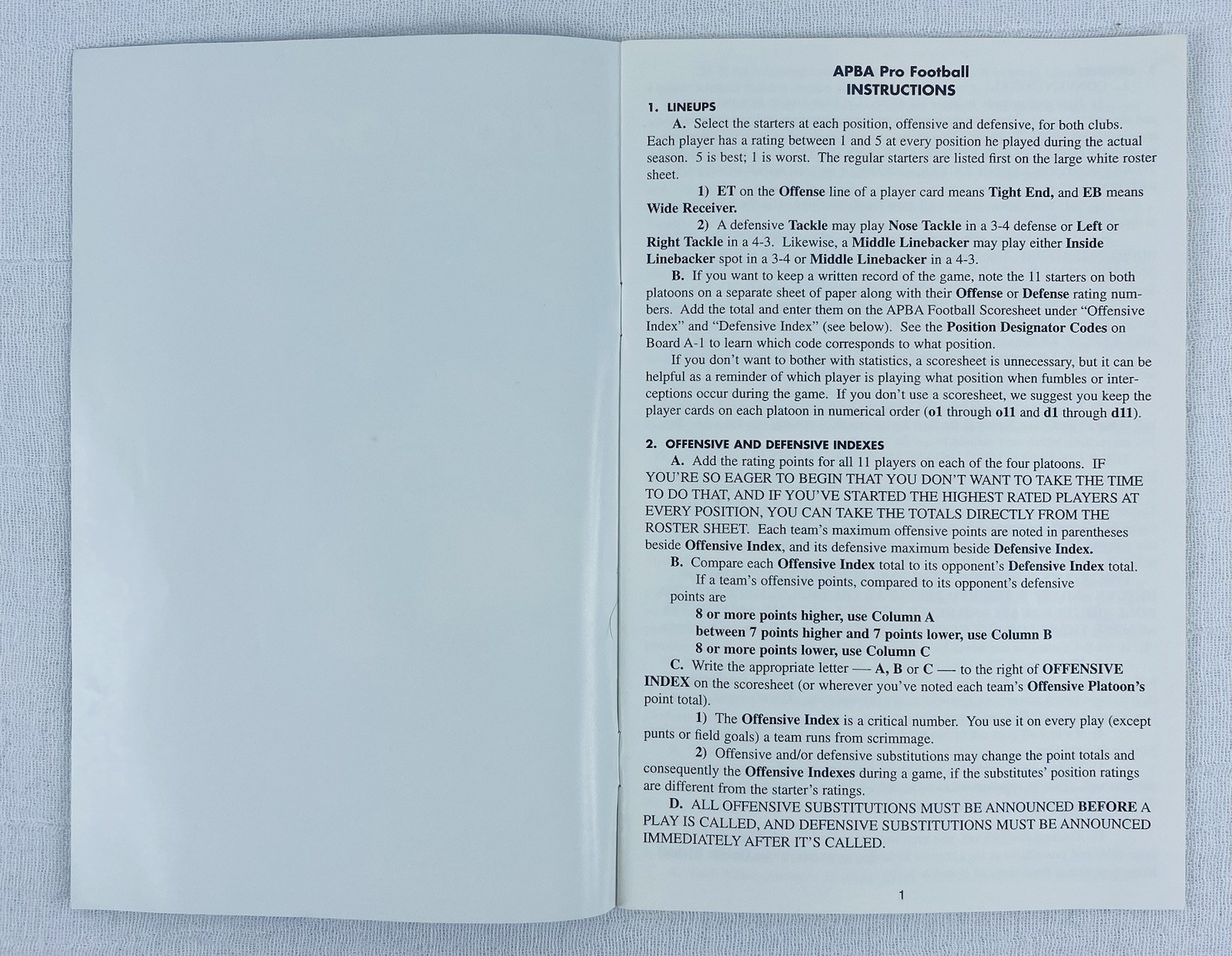 Vintage 1995 APBA Pro Football Board Game INSTRUCTION MANUAL Only