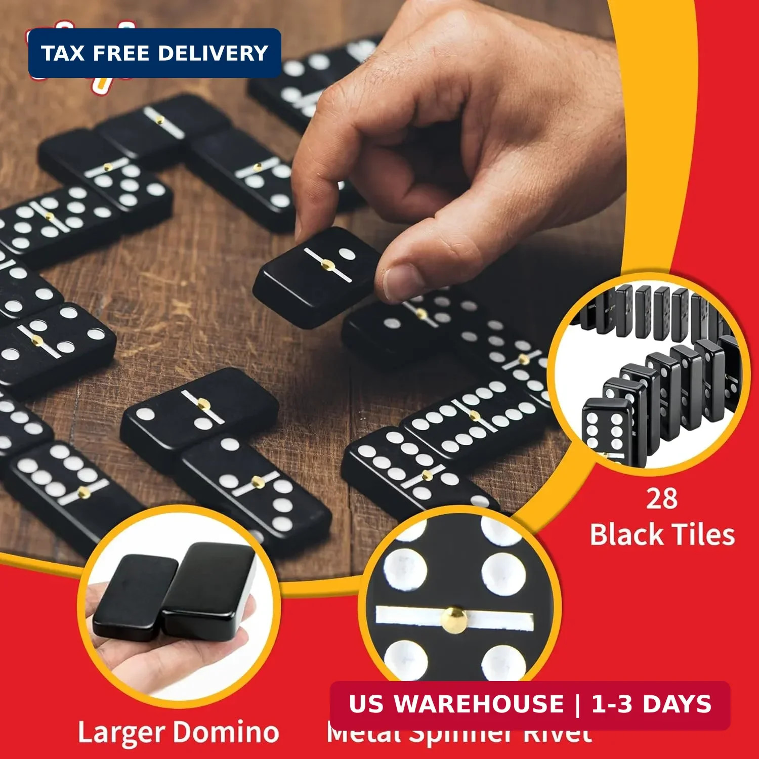 Jumbo Double Six Dominoes Set – 28 Black Classic Tiles in Faux Leather Case