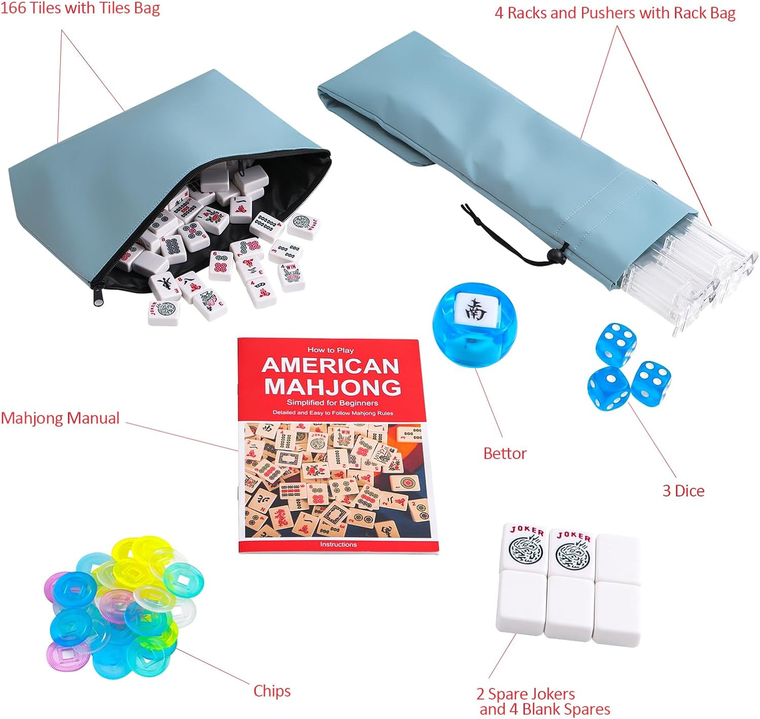 American Mahjong Set with Light Blue Carrying Bag, 166 White Tiles, 4 Racks with