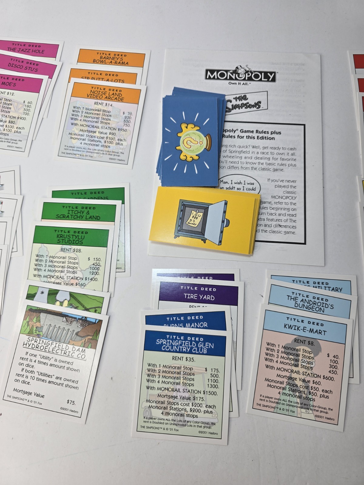 Monopoly The Simpsons 2001 Complete Title Deed Chance & Chest Replacement Cards