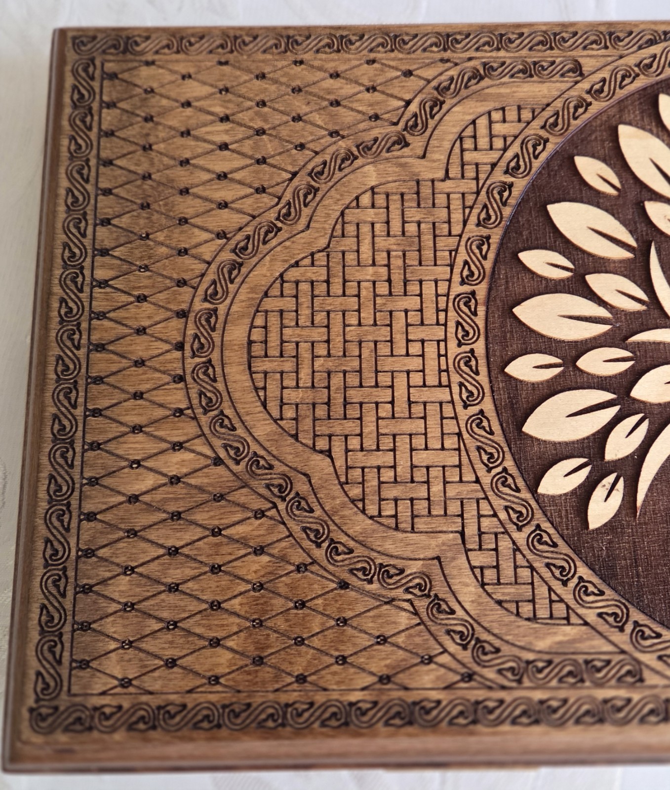 Carved Etched Wood Backgammon & Checkerboard Game Set Tree Of Life Compact