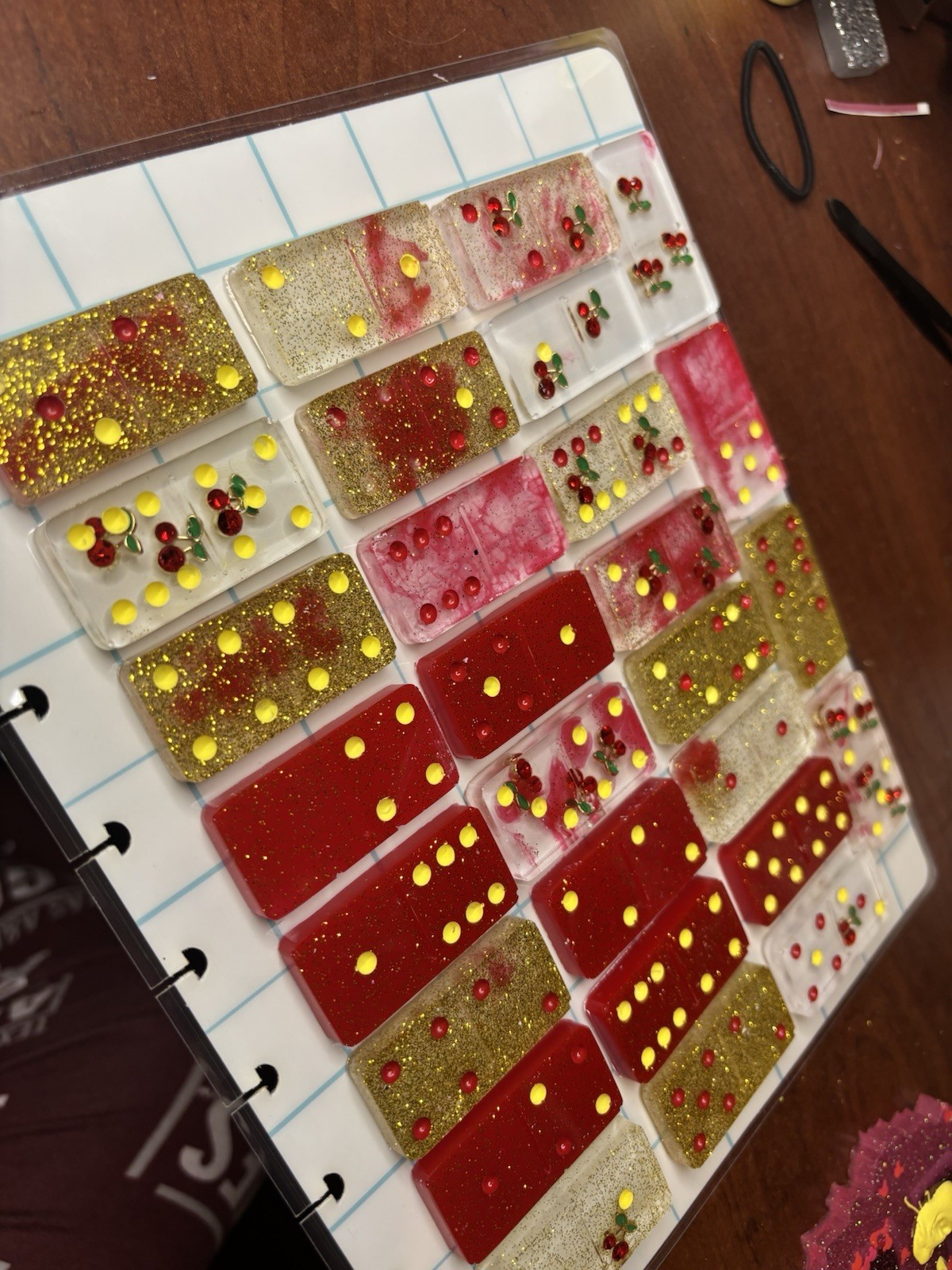 Handmade Resin Dominoes Tile Game Set Red Pink Gold White Glitter, 2+ 17+
