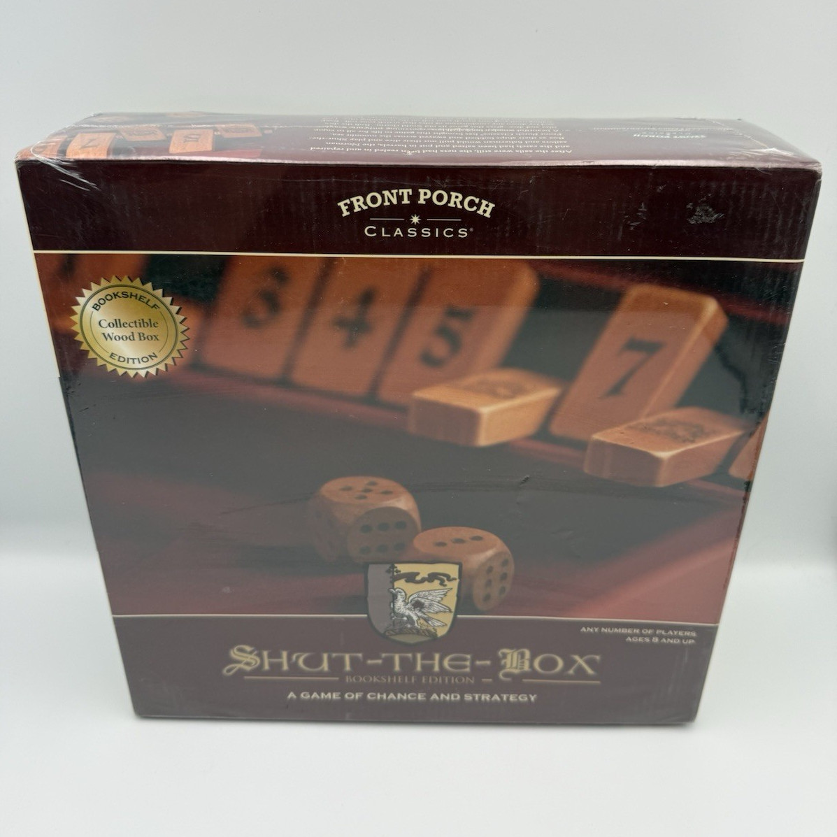 Front Porch Classics Shut-the-Box Dice Game, Bookshelf Wood Box Edition, 8+