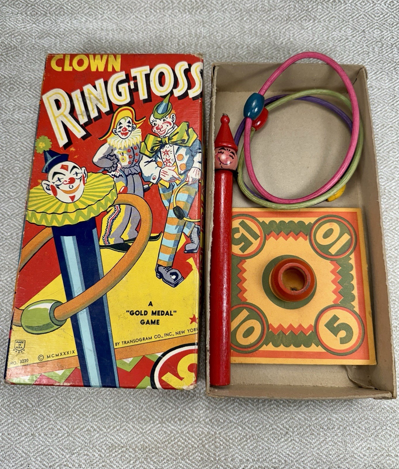 Transogram Clown Ring-Toss Game 1950s Complete w/Box Pole Rings Vintage