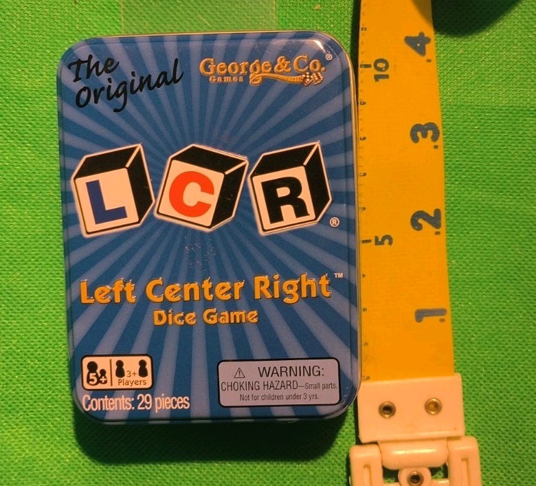 Left Center Right Dice Game Blue LCR Tin Box Family Strategy Easy NEW AND SEALED