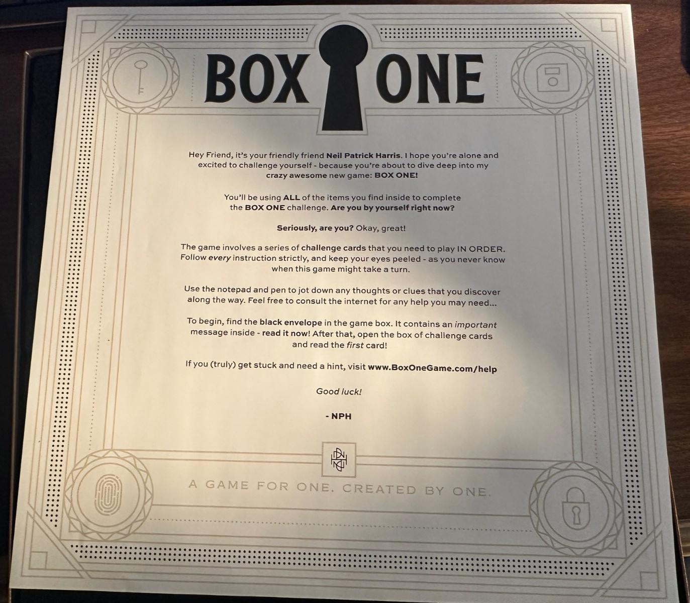 BOX ONE by Neil Patrick Harris Strategy Game Theory 11 Game – COMPLETE