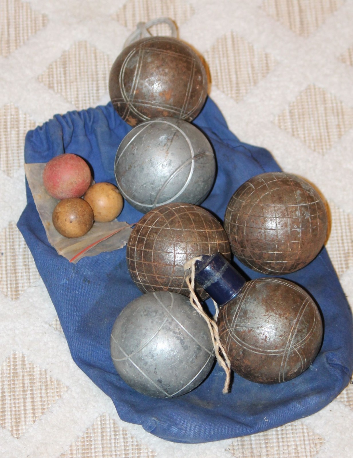 Vintage 1940s set of 5 French marked petanque boules and jacks