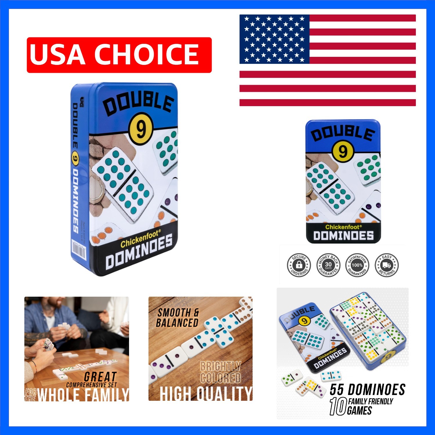 Double 9 Colored Dot Dominoes Travel Tin Set, 2 to 8 Players Ages 8 to 99
