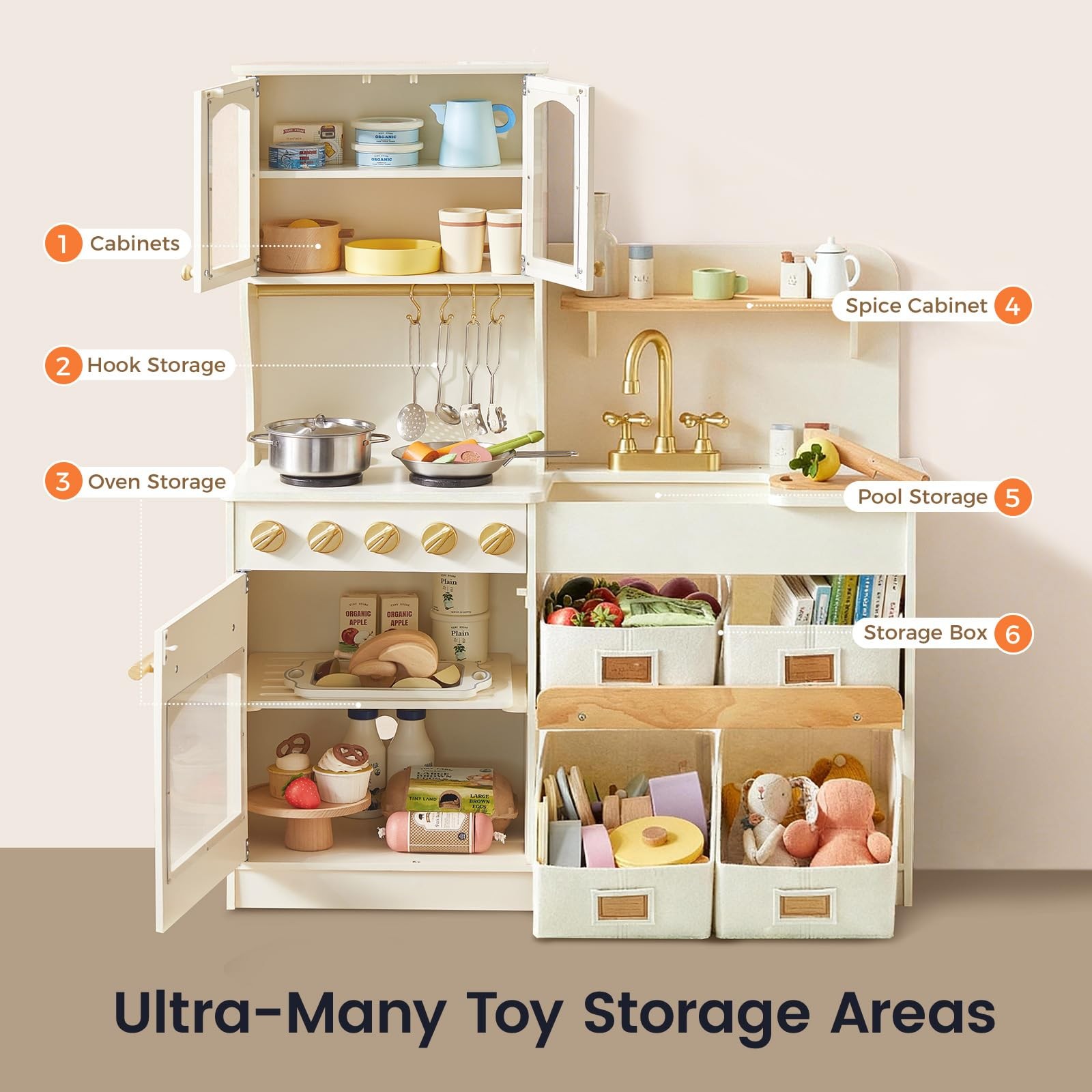 Wooden Play Kitchen Kids Toddler Stove Sink Cabinets Storage Tiny Land Enhanced