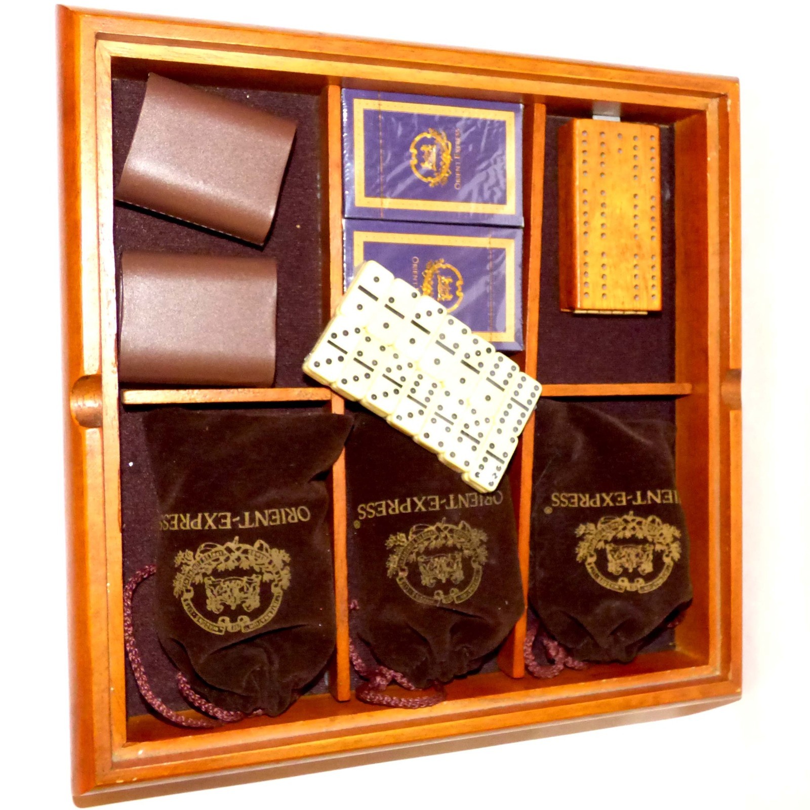 Orient Express Luxury Wood Game Set Chess Backgammon Dominoes Cards Complete