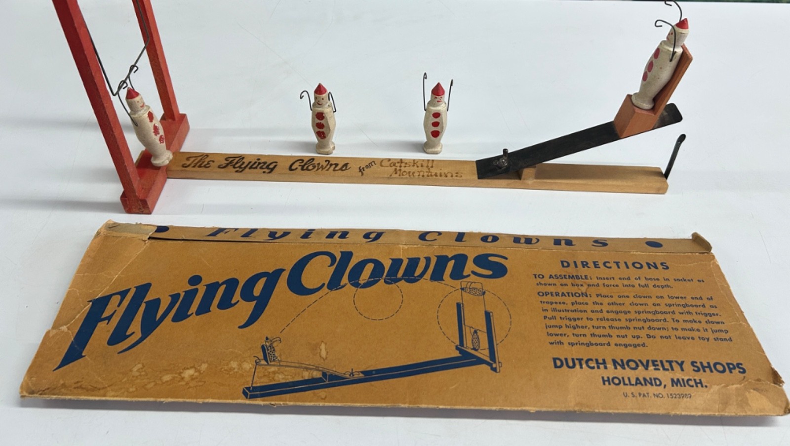 1920s Vintage Rare Flying Clowns Toy Dutch Novelty Wood Flip Game Pieces Circus
