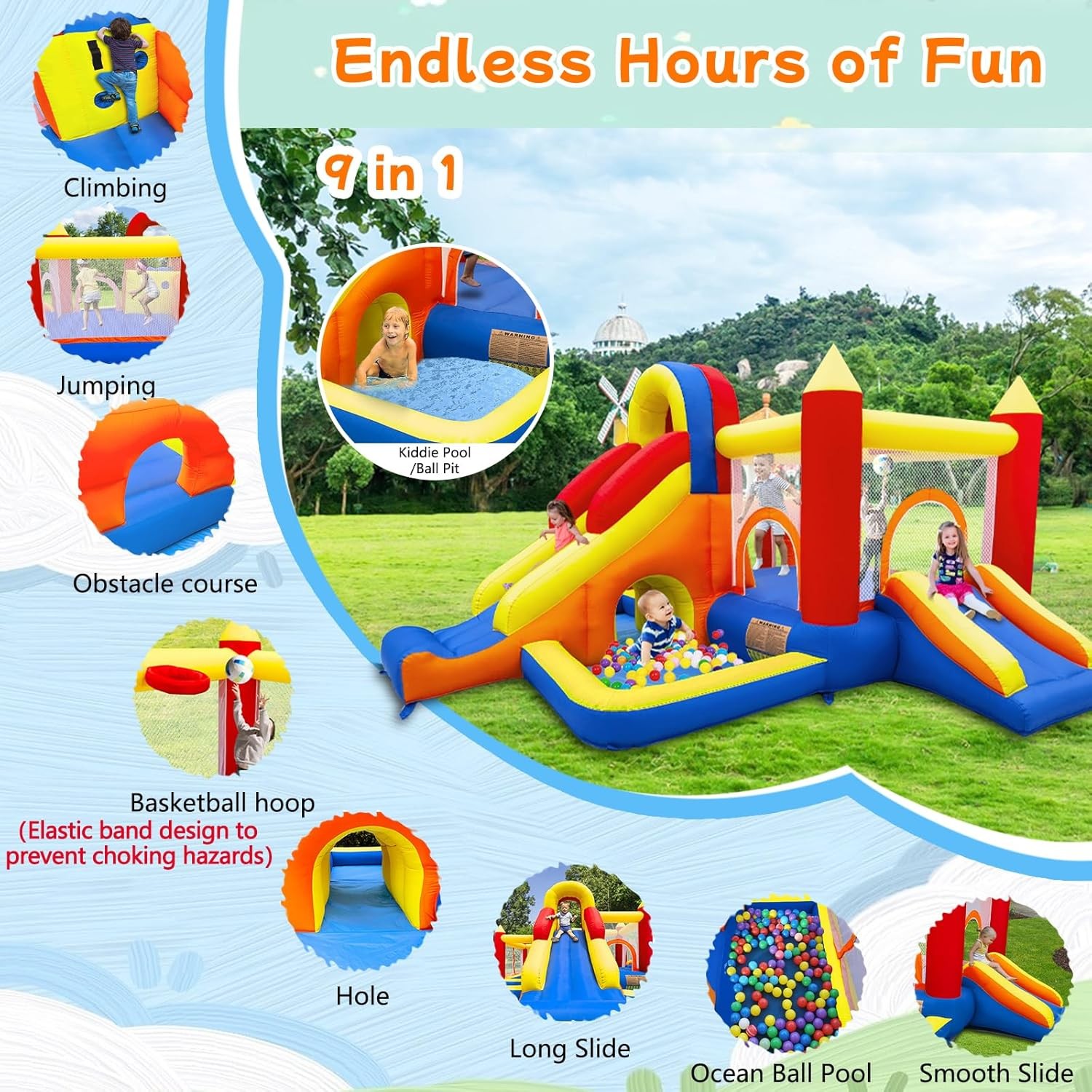 Inflatable Bounce House for Kids 3-10 with Long Slide Ball Pit Pool Obstacles