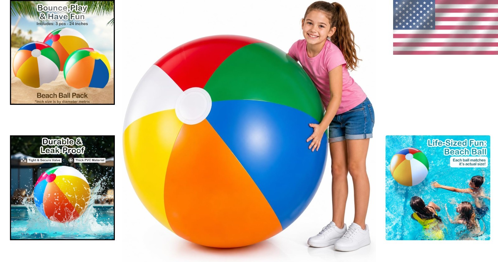 Giant Beach Ball 24 Inch Inflatable Pool Toy Pack of 3 Rainbow Balls