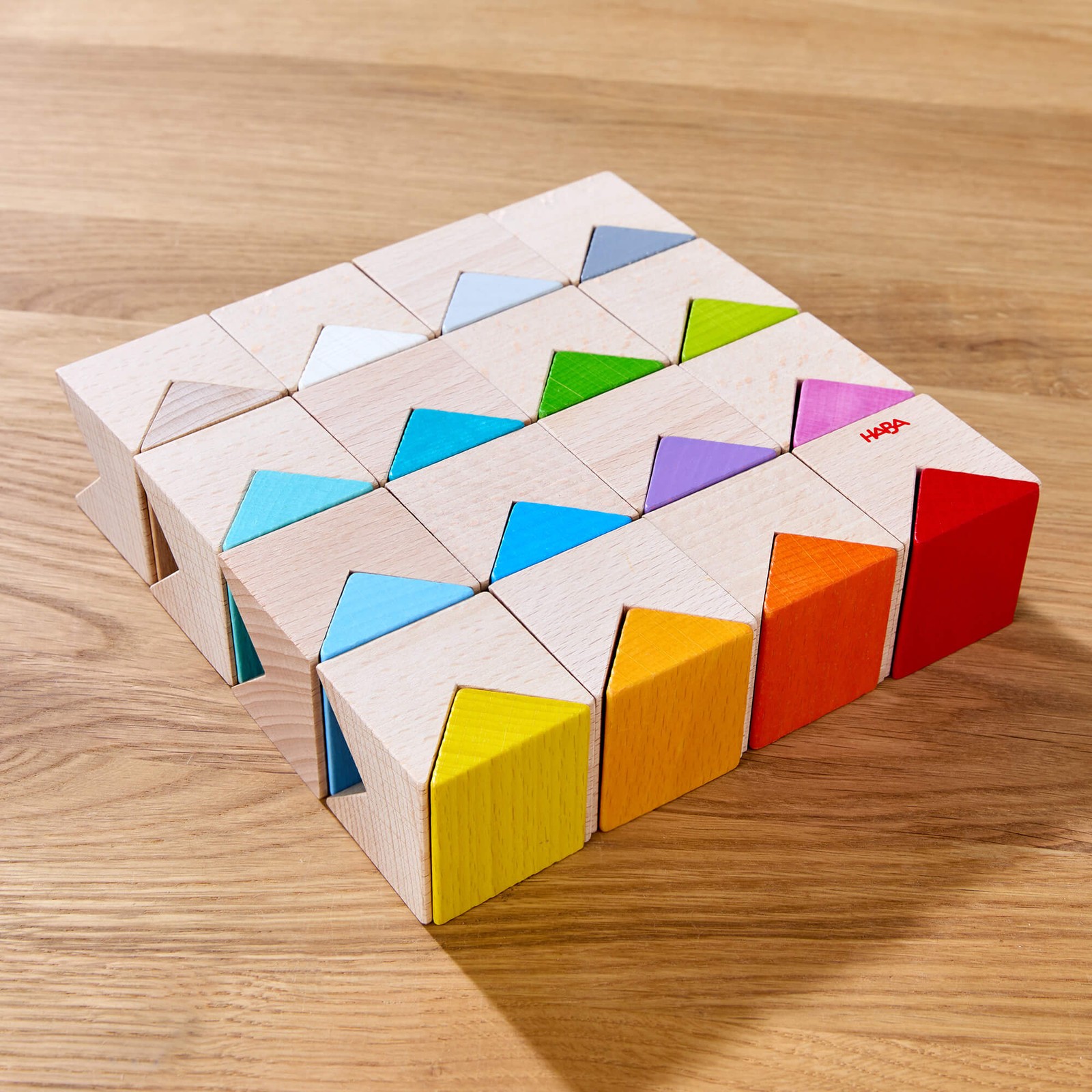 HABA Rainbow Triangle Wooden Blocks Game, Stacking Toys with Pattern Cards
