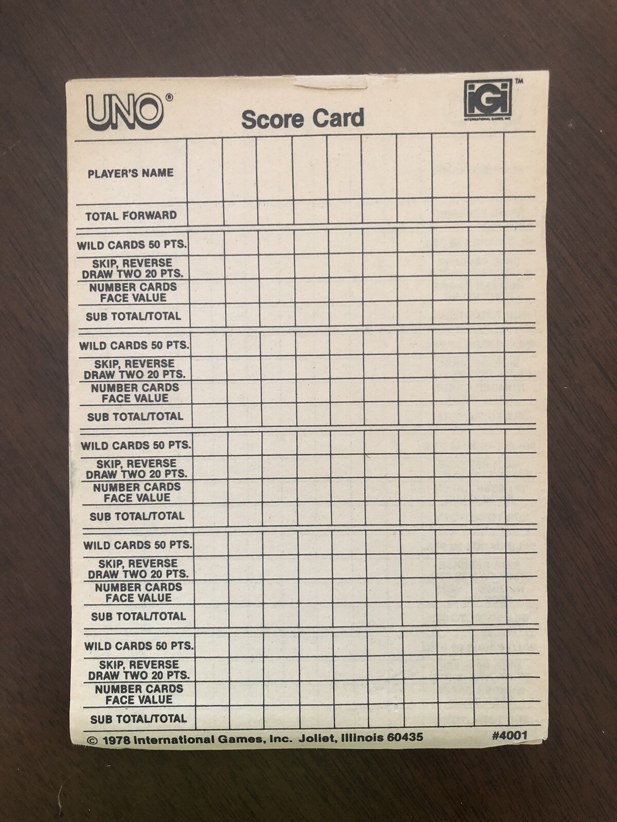 UNO Game Score Cards Pad 2-Sided Sheets #4001 Vintage 1978 Game Or Crafts
