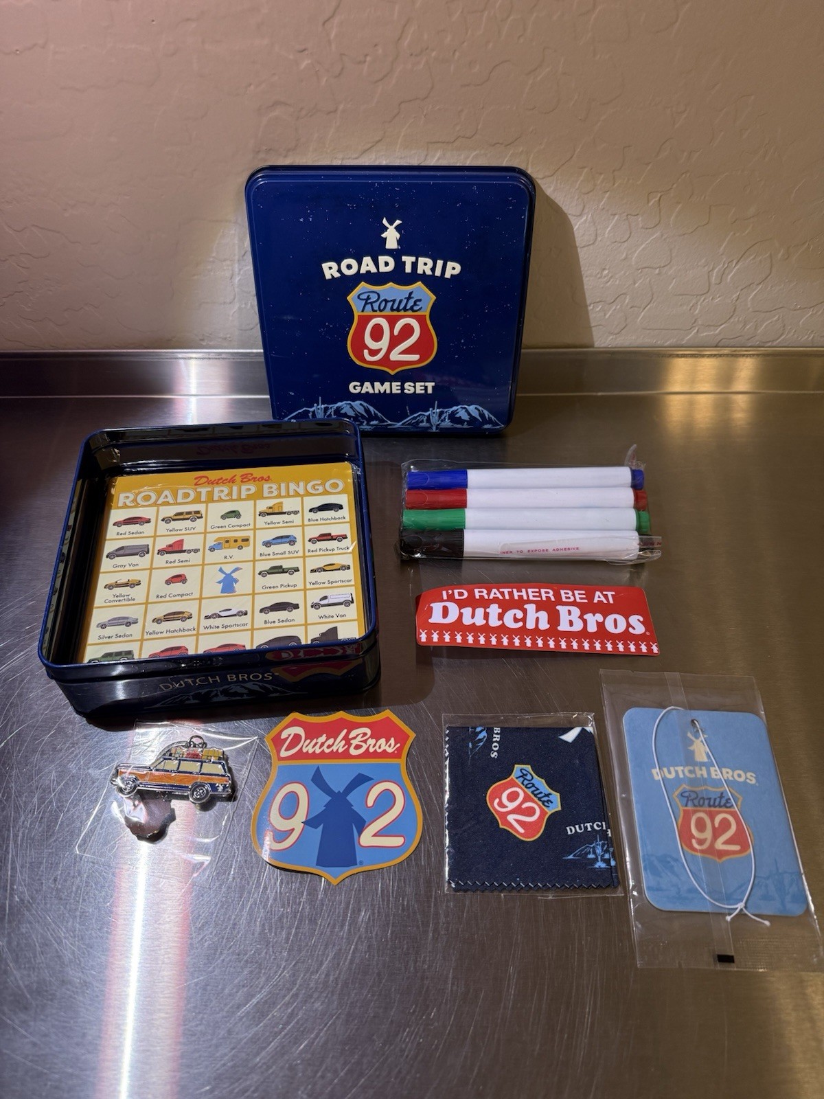Dutch Bros Route 92 Road Trip Game Set Tin May 2026 Key Chain Stickers Reusable