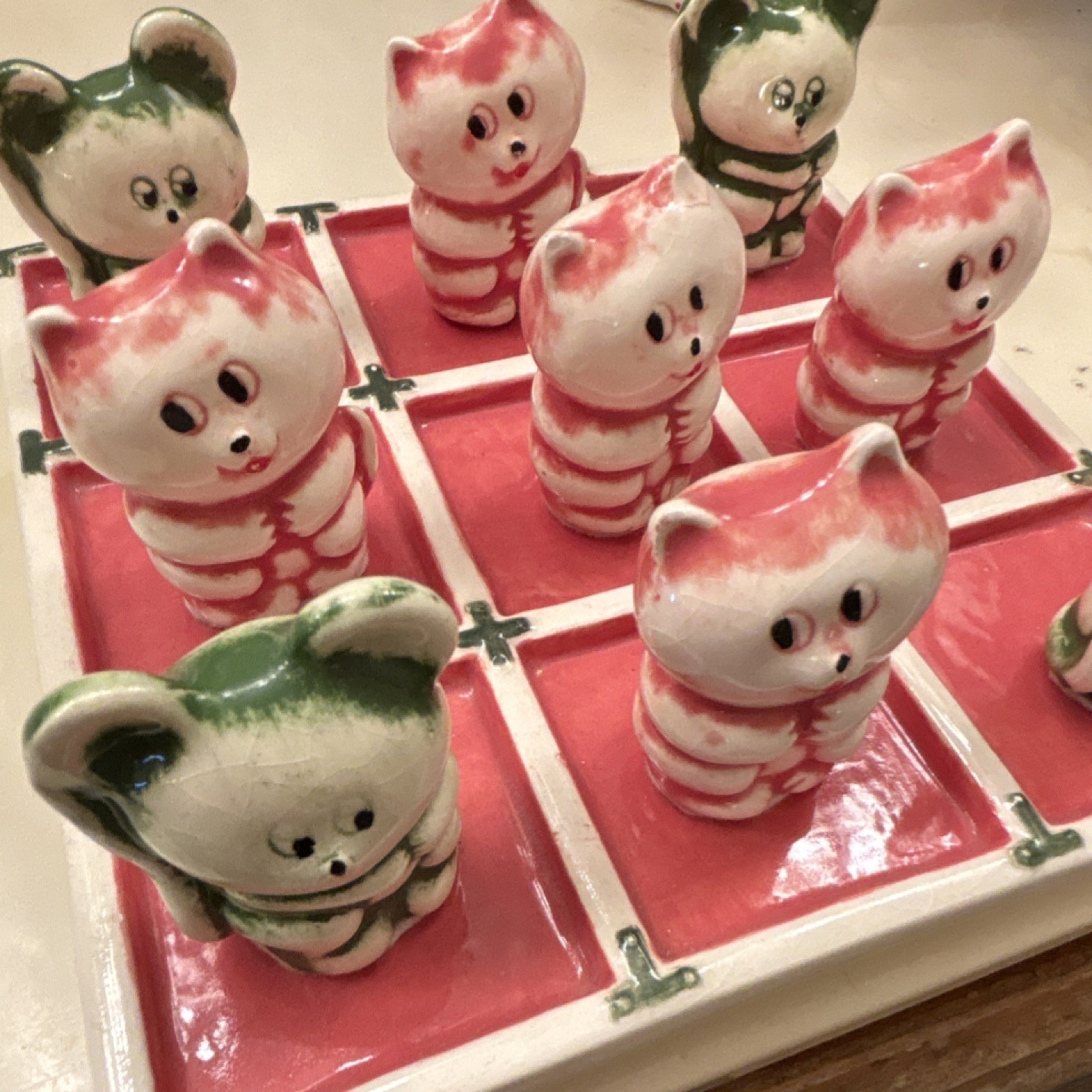 Ceramic Tic Tac Toe Board Game with Cat & Bear Figurines, Vintage Style