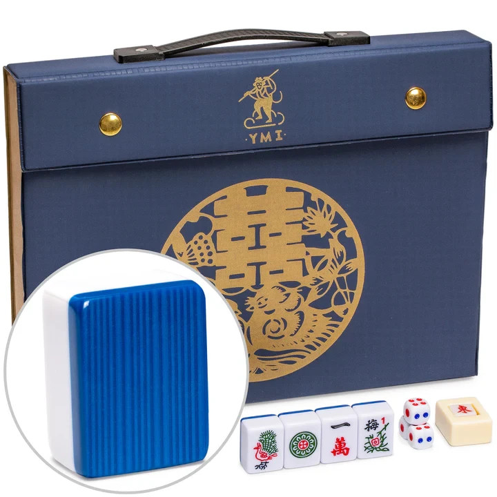 Chinese Mahjong Set, “Bleau Royal” with 146 Medium Tiles, Blue Vinyl Case