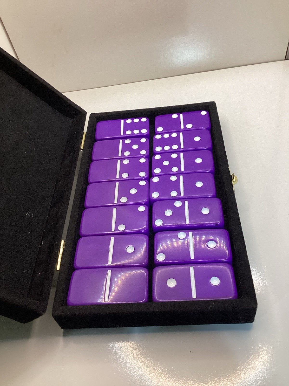 Purple Double Six Domino Set 28 Tiles Black Velvet Case Complete Game Set
