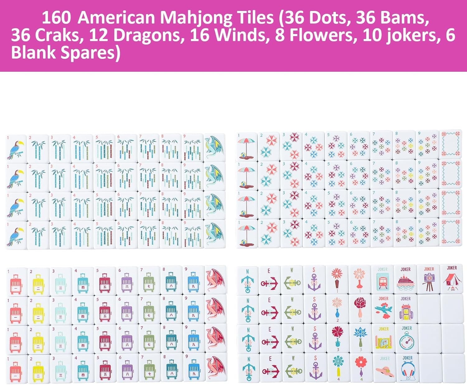 160 Pink Engraved American Mahjong Game Set with Carrying Bag and Accessories, 1