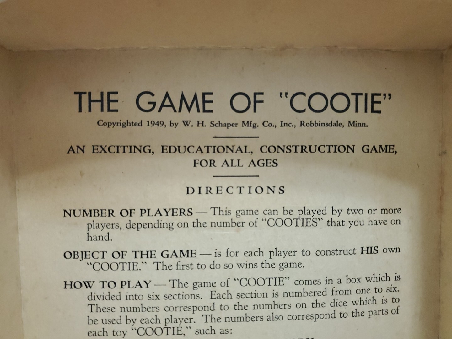 Vtg Bug Board / Dice Game: “COOTIE” 1949 Original Box W.H. Schaper MFG. Complete