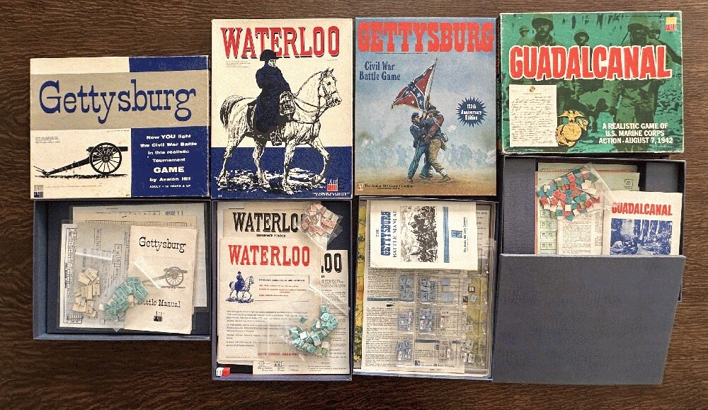 Lot of 4 Avalon Hill: Waterloo (1962)~Gettysburg (1964+1988); Gudalcanal (1966)