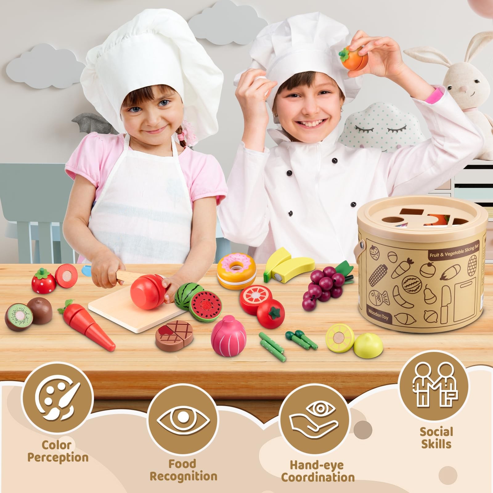 Wooden Play Food Set 45 Pcs Kids Kitchen Fruits Veggies Montessori Toy 3-6 Gift
