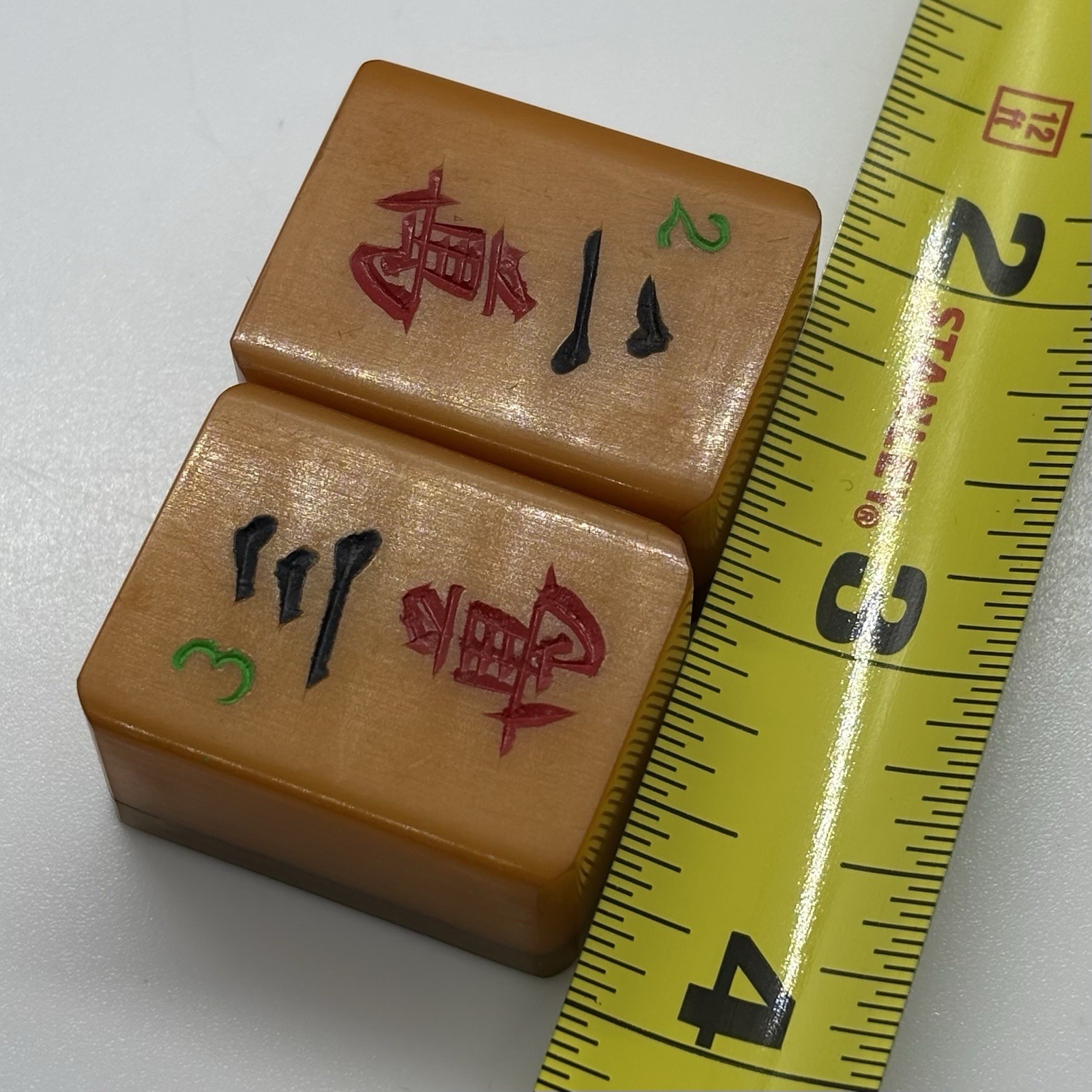 2 Bakelite MahJong Tile Pieces 2 and 3 Two Tone Stacked Butterscotch “Craks”