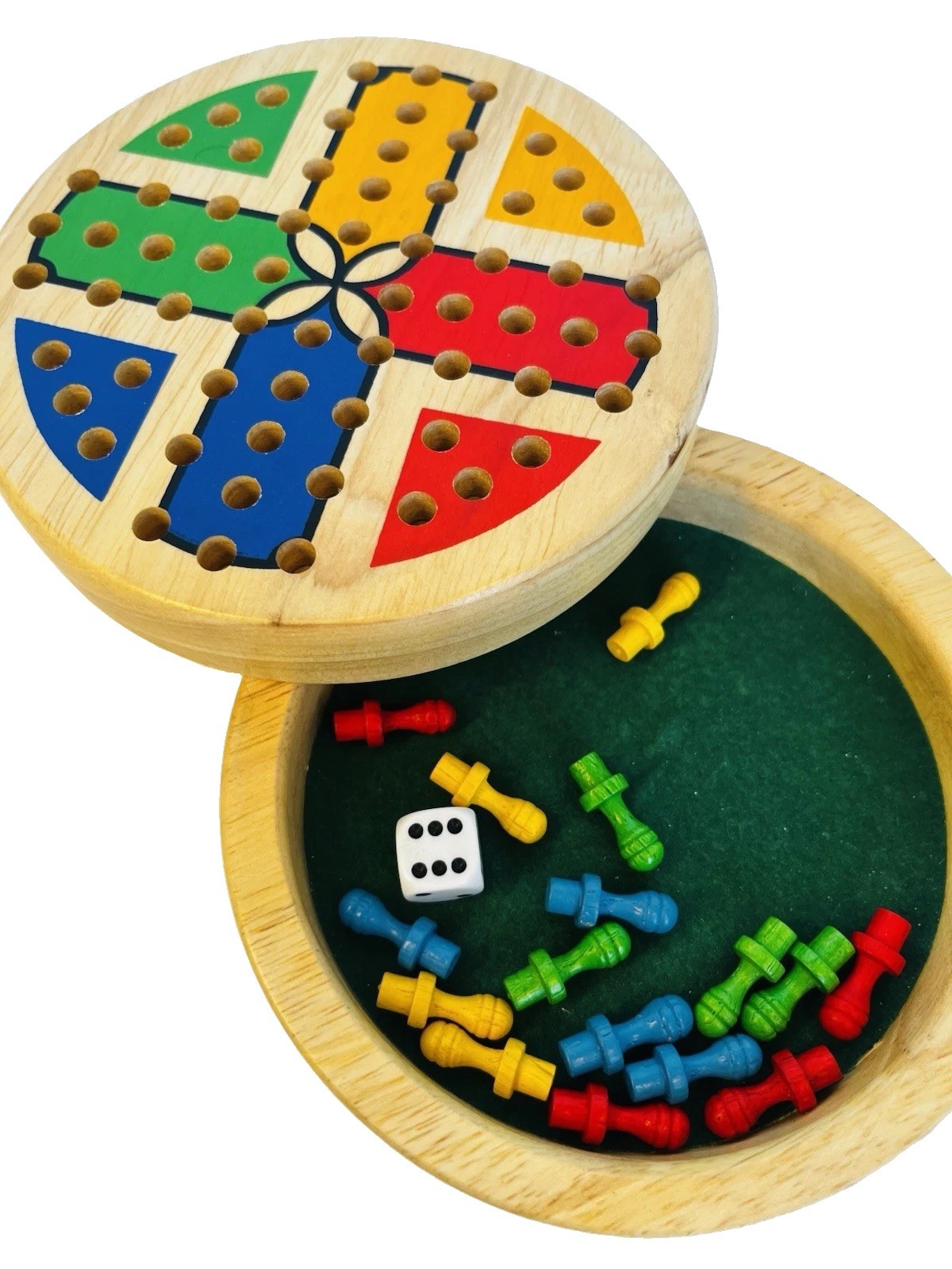 Vintage Pintoy Wooden Ludo Travel Game 5” Complete w/ Box Round