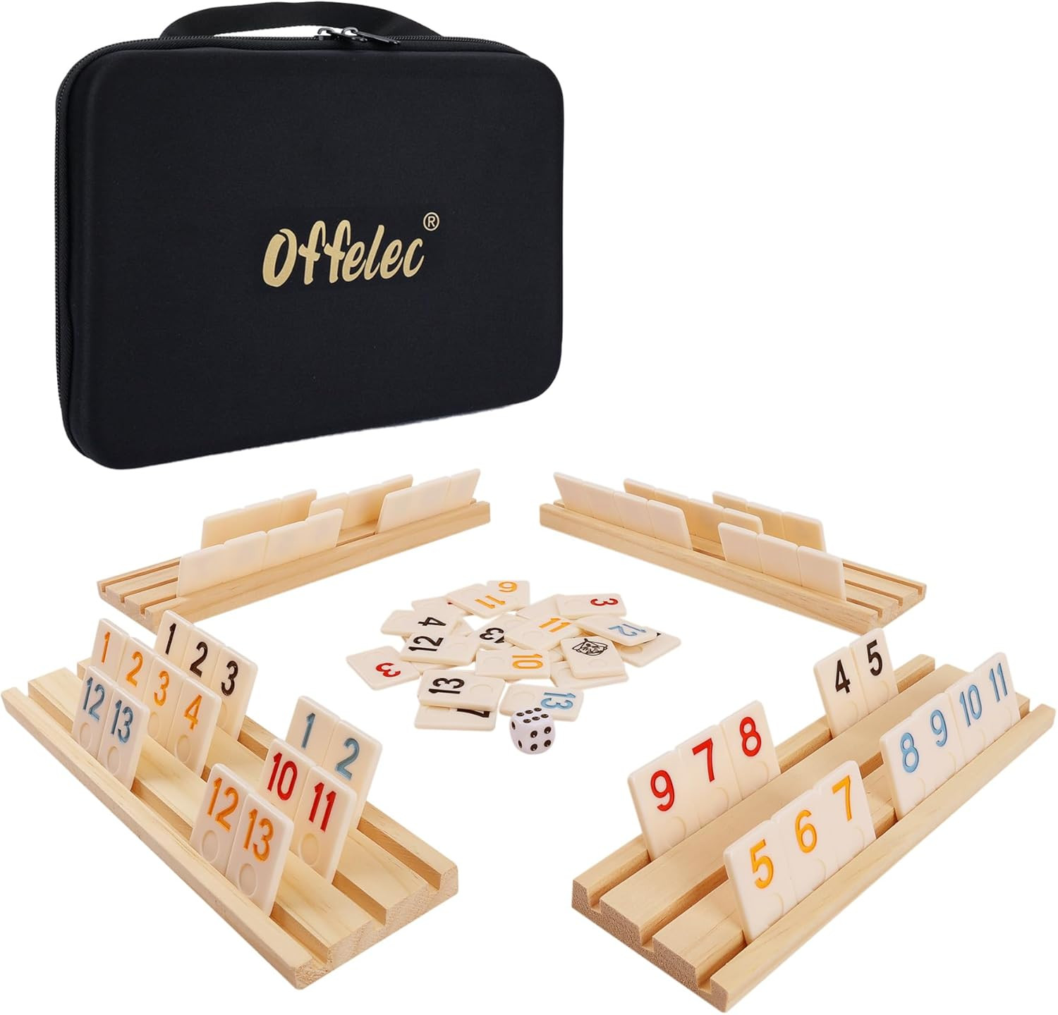 Upgraded Rummy Cube Game Set & 4 Wooden Racks, 106 Large Number Rummy Tiles and