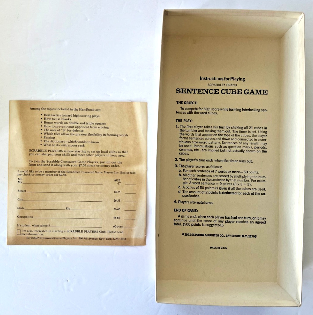 Vintage 1971 Scrabble Sentence Cube Game Complete
