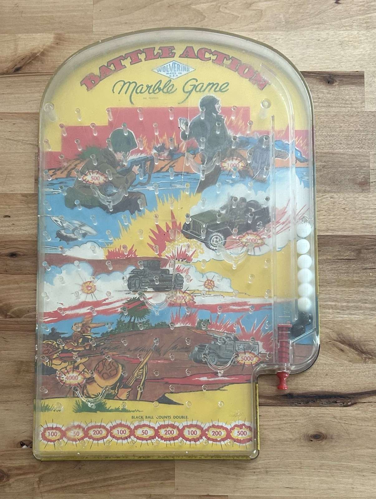 VTG 50’S Wolverine Toys BATTLE ACTION MARBLE GAME Tabletop Pinball 16” x 10”