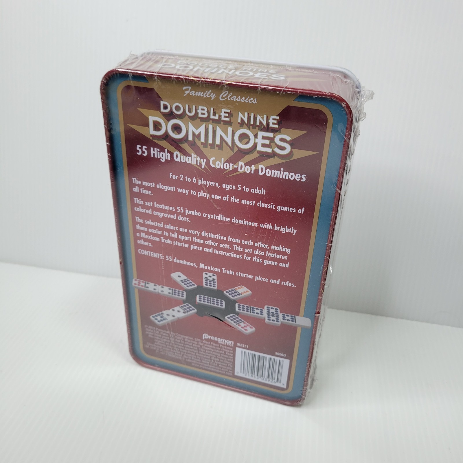 Pressman Double Nine Dominoes 55 Color Dot in Tin Container 2019 New Sealed